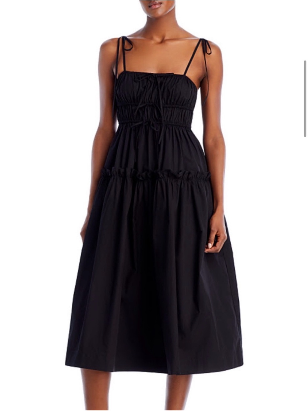 En Saison Black Smocked Tie-Shoulder Midi Dress